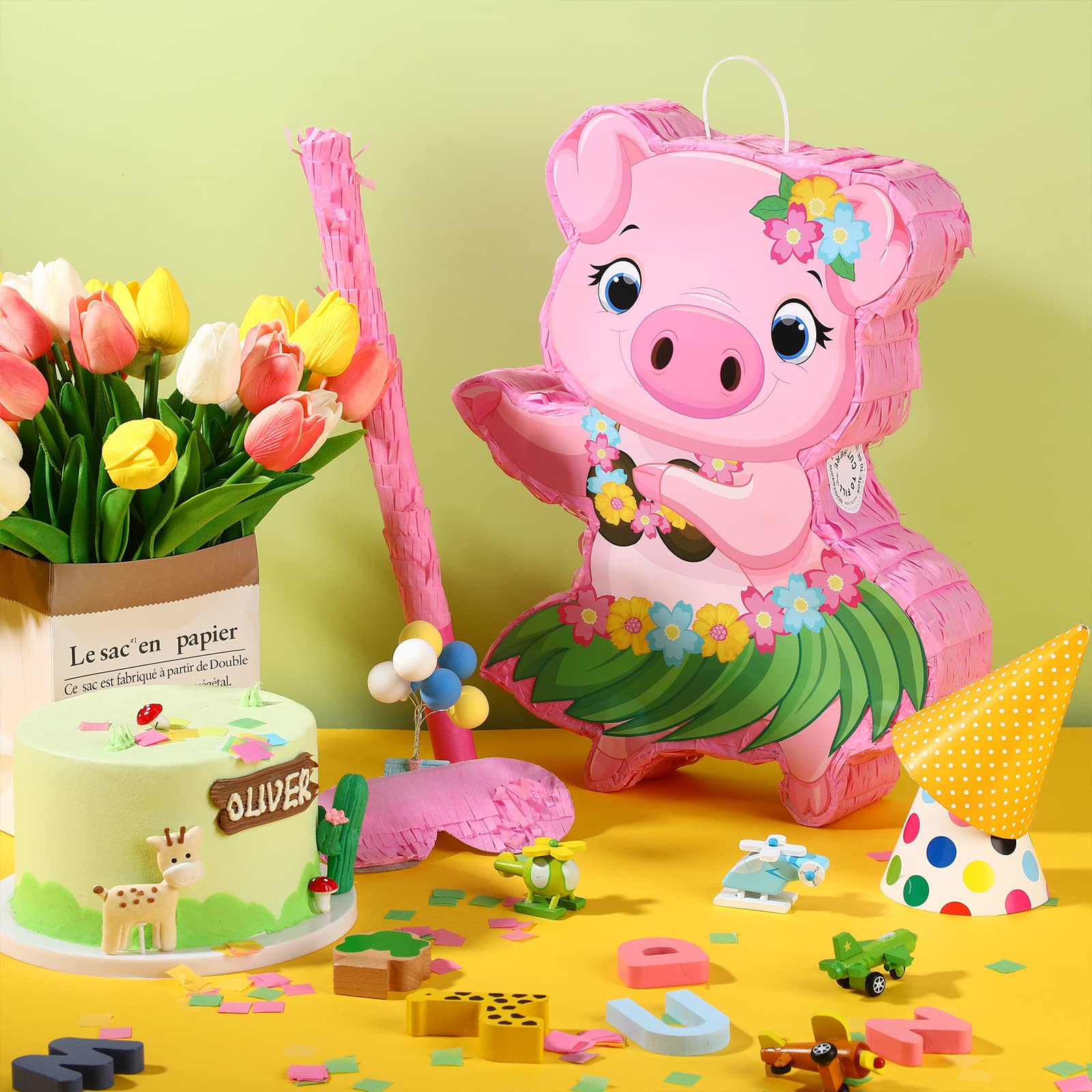 Piñata de cerdo pequeño hawaiano decoración de fiesta rosa cerdo piñata con venda de los ojos confeti para niños verano hawaiano Aloha Temas tropicales Accesorios de fiesta de cumpleaños, 16.5 x 12.4