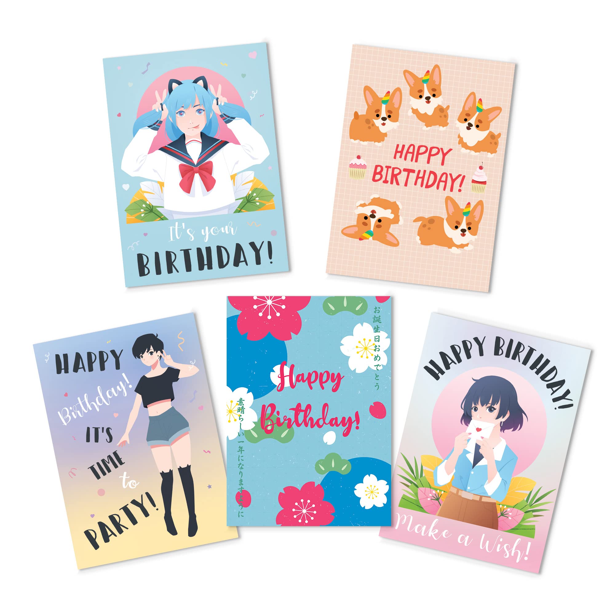Happy Birthday Greeting Cards - Japanese Style Cute Kawaii Art Card with Envelope (Pack Set of 5 Cards #1) — image 1