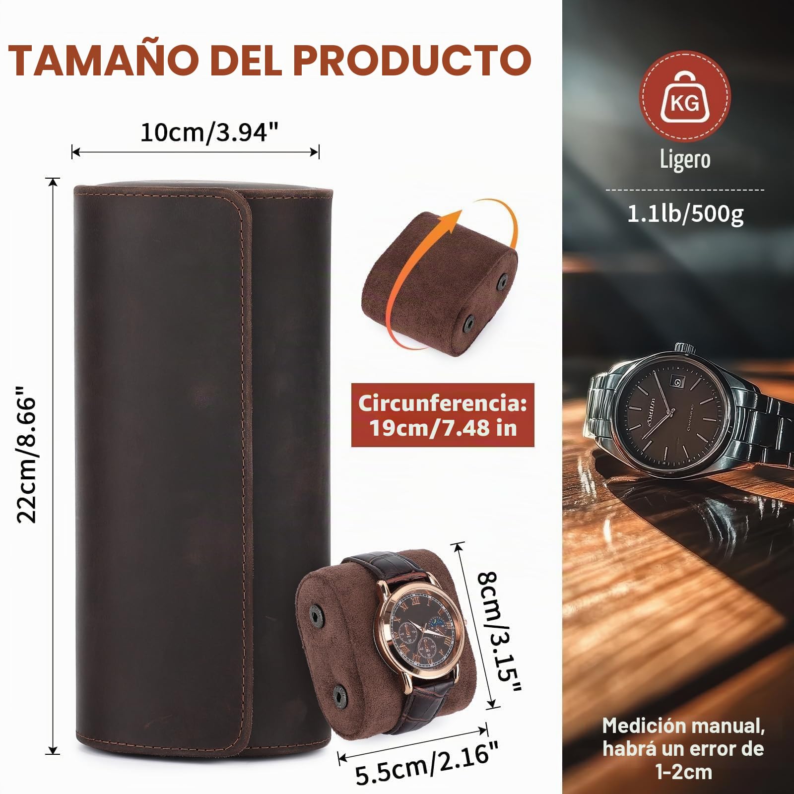 VINBAGGE Caja de Reloj, Estuche Enrollable de 3 Piezas Cuero,Estuche de Reloj Estuche de Reloj de Viaje Organizador Protector para Relojes de Pulsera