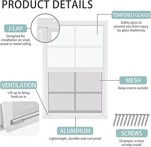 Miniatura 59 de Tandefio Paquete de 2 ventanas de cobertizo blanco de 14 x 21 pulgadas para gallinero con vidrio templado y pantalla para el hogar con deslizador