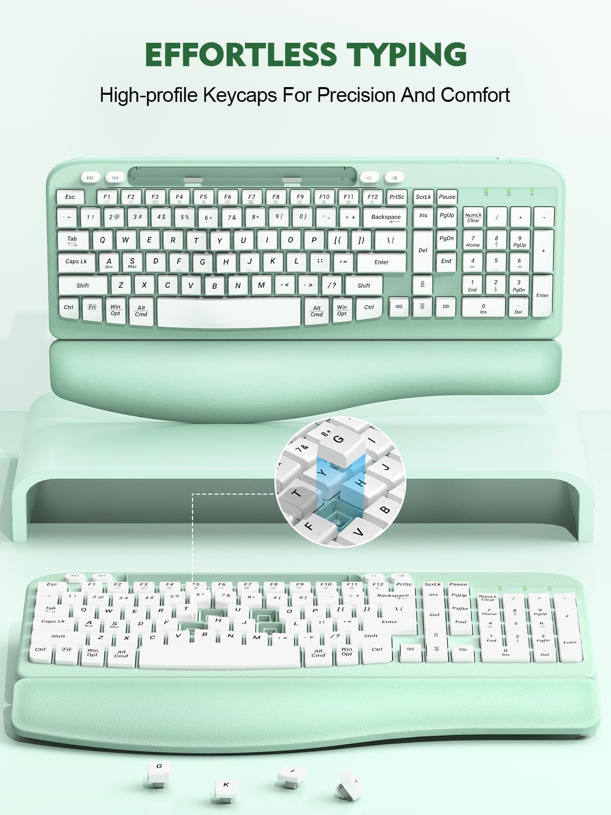 EAYBLLY Wave Keys Bezprzewodowa ergonomiczna klawiatura z amortyzowanym podparciem dłoni, wygodne naturalne pisanie, do dużych dłoni, 2,4 GHz, pełnowymiarowa bezprzewodowa klawiatura komputerowa USB