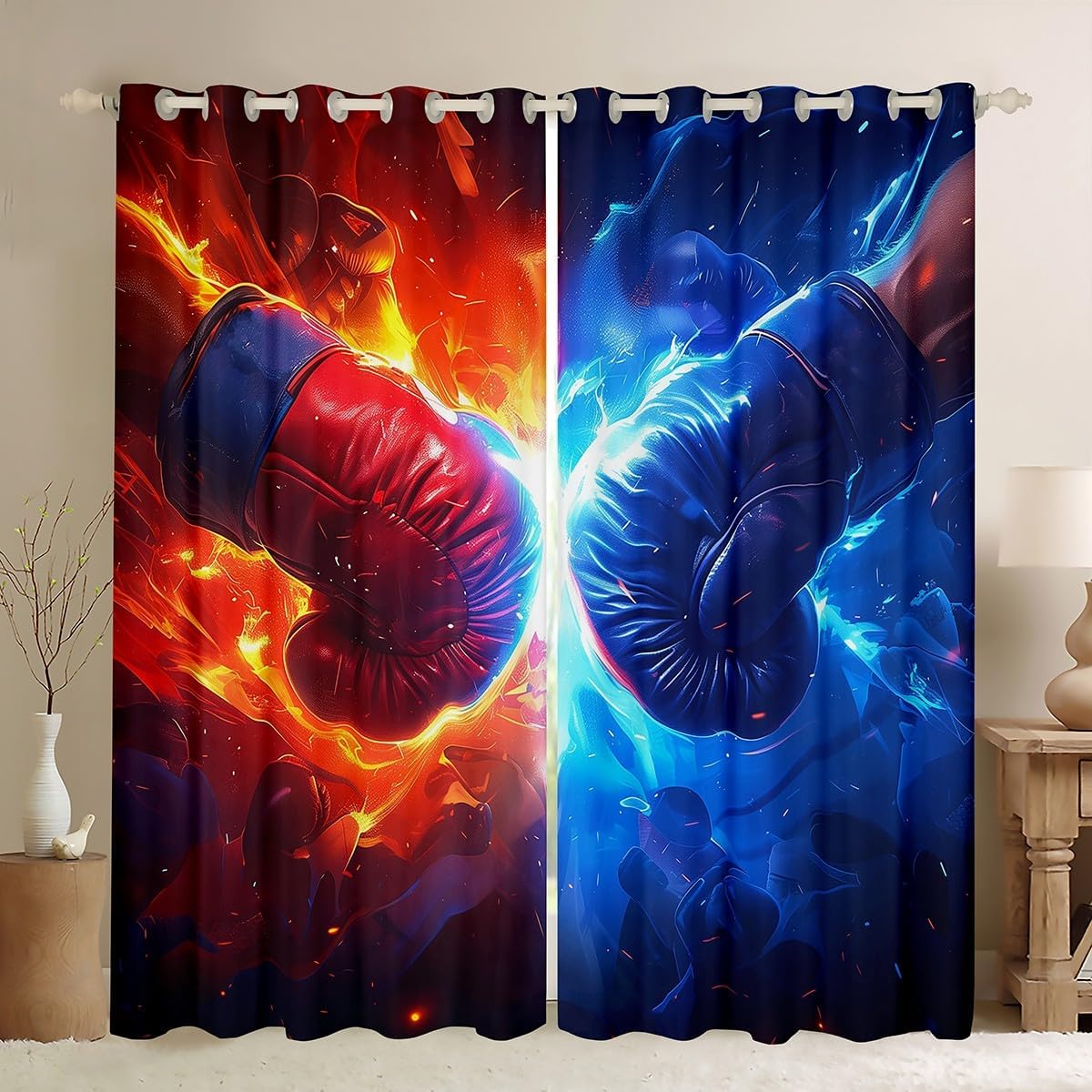 Feelyou Boxing Curtains Sports Theme Window Drapes Treatments for Kids Boys Girls Boxing Gloves Window Drapes Red Blue Fire Window Treatments, 38W X 45L,2 Panels