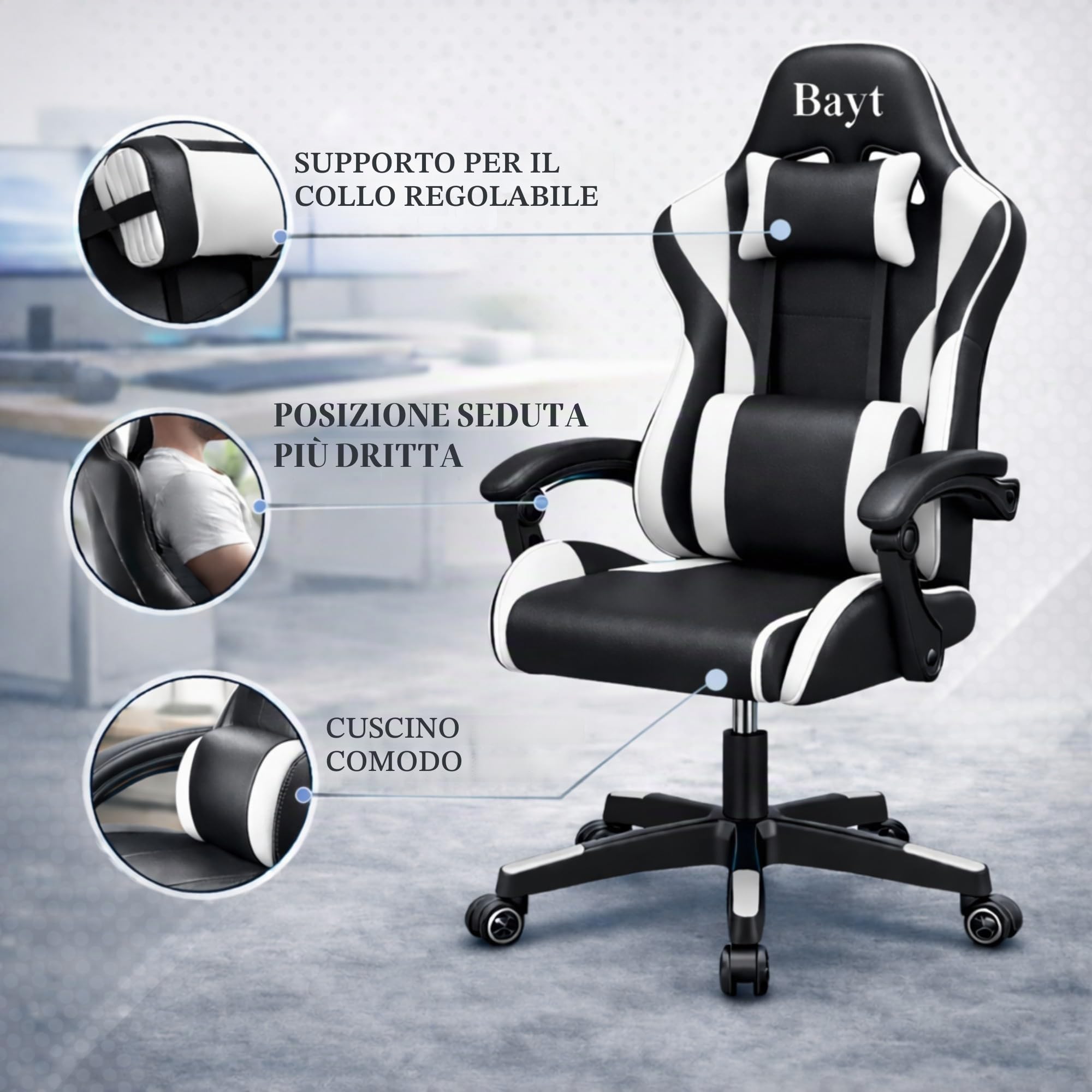 Bayt Sedia Gaming - Sedia Scrivania Ufficio Reclinable in Similpelle, Poltrona PC Racing con Supporto Lombare e Poggiatesta, Altezza Regolabile e Braccioli, Nero/Bianco