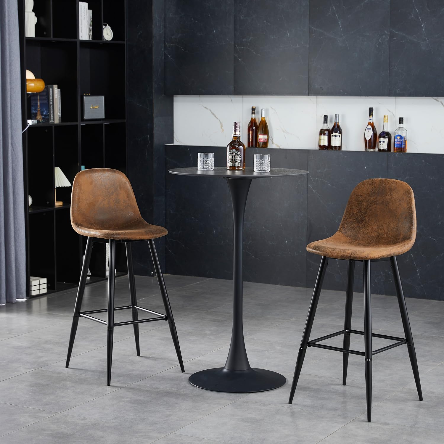 MEUBLE COSY Juego de 2 Taburete de Bar con Respaldo y Reposapiés Tapizados de Gamuza Vintage Industrial Asiento de 76 cm de Altura para Cocina, Bar, Comedor, Marrón