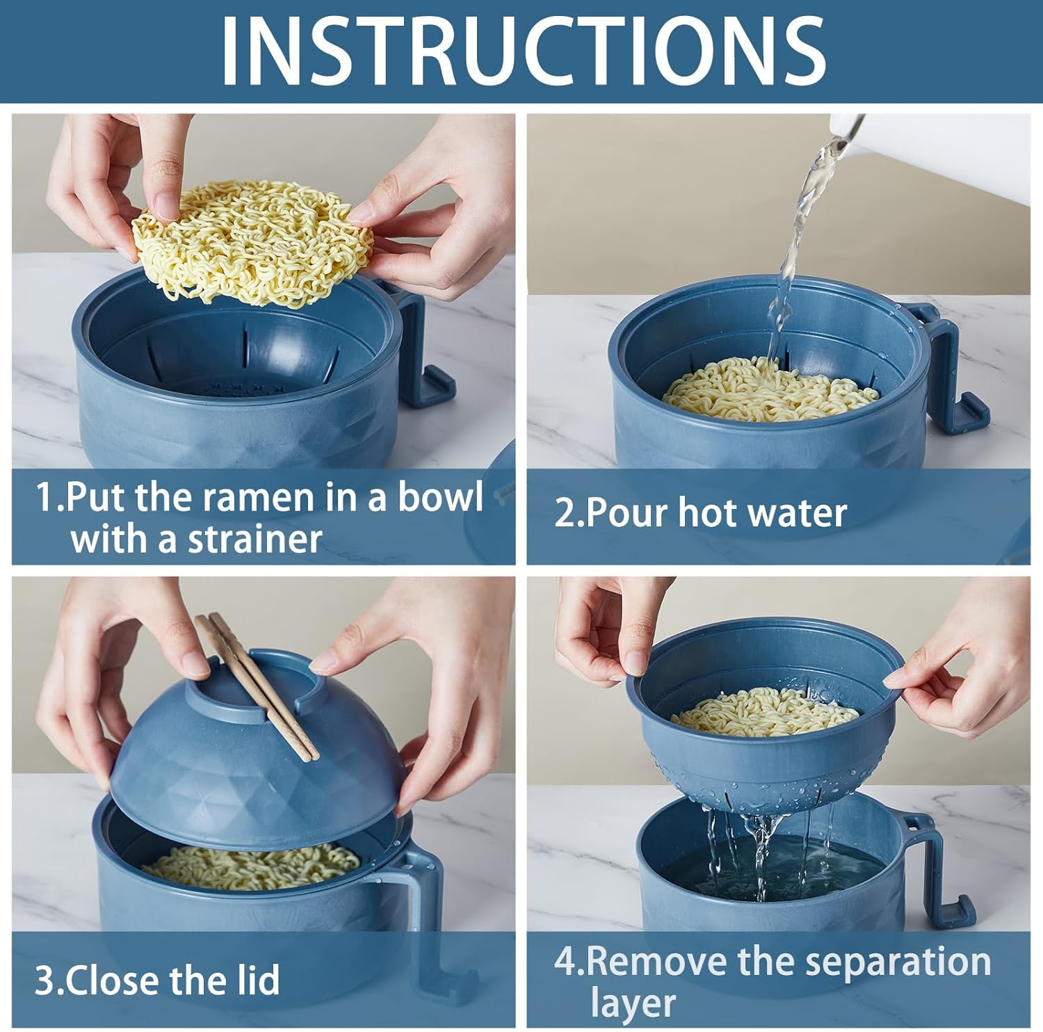 2 Sets Microwave Ramen Bowl 40 oz Wheat Fiber Portable Instant Noodle Cooker Bowl with Handles Strainer Spoon Chopstick Fork College Dorm Room Apartment Essentials(Black,Dark Blue)