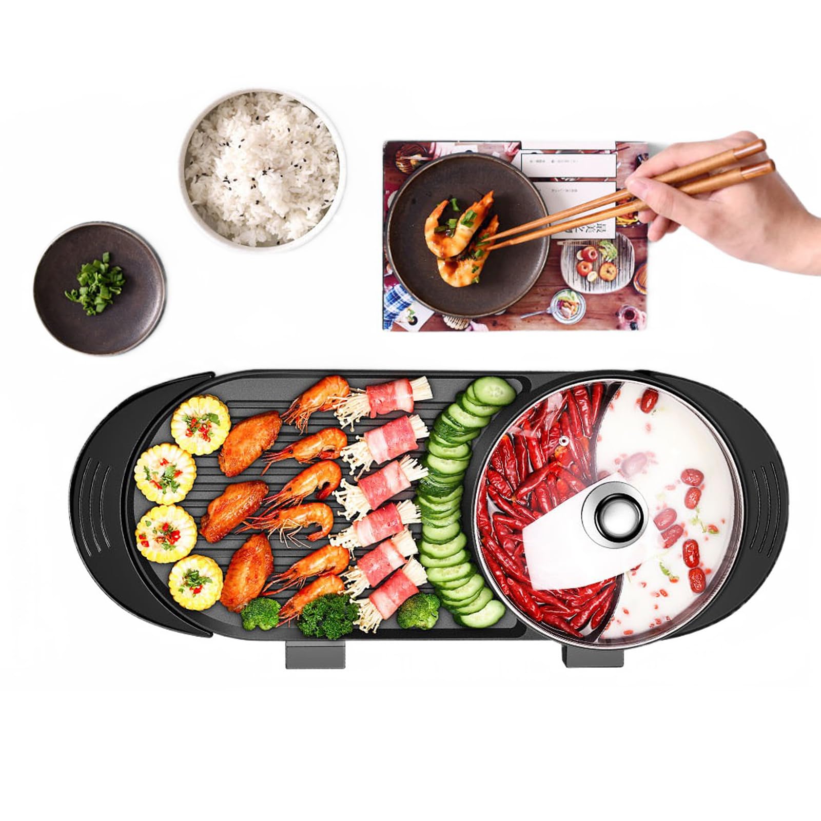 2 in 1 Electric Smokeless Grill and Hot Pot, 2200W Removable Hotpot Pot, Large Capacity Baking Tray, Non-Stick Skillet Pan, Dual Adjustable Temperature, 1-6 People