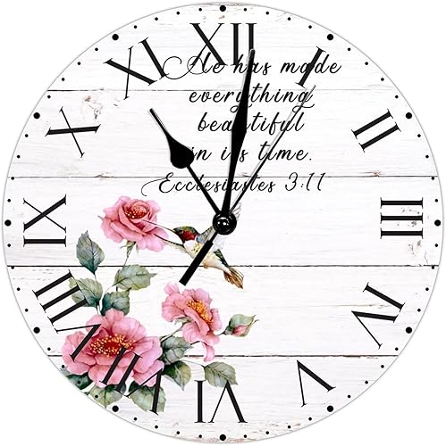 Miniatura 114 de ArogGeld He Made Everything Beautiful - Reloj de pared de PVC con flores rosadas, colibrí, reloj de pared grande con cita y números romanos, reloj