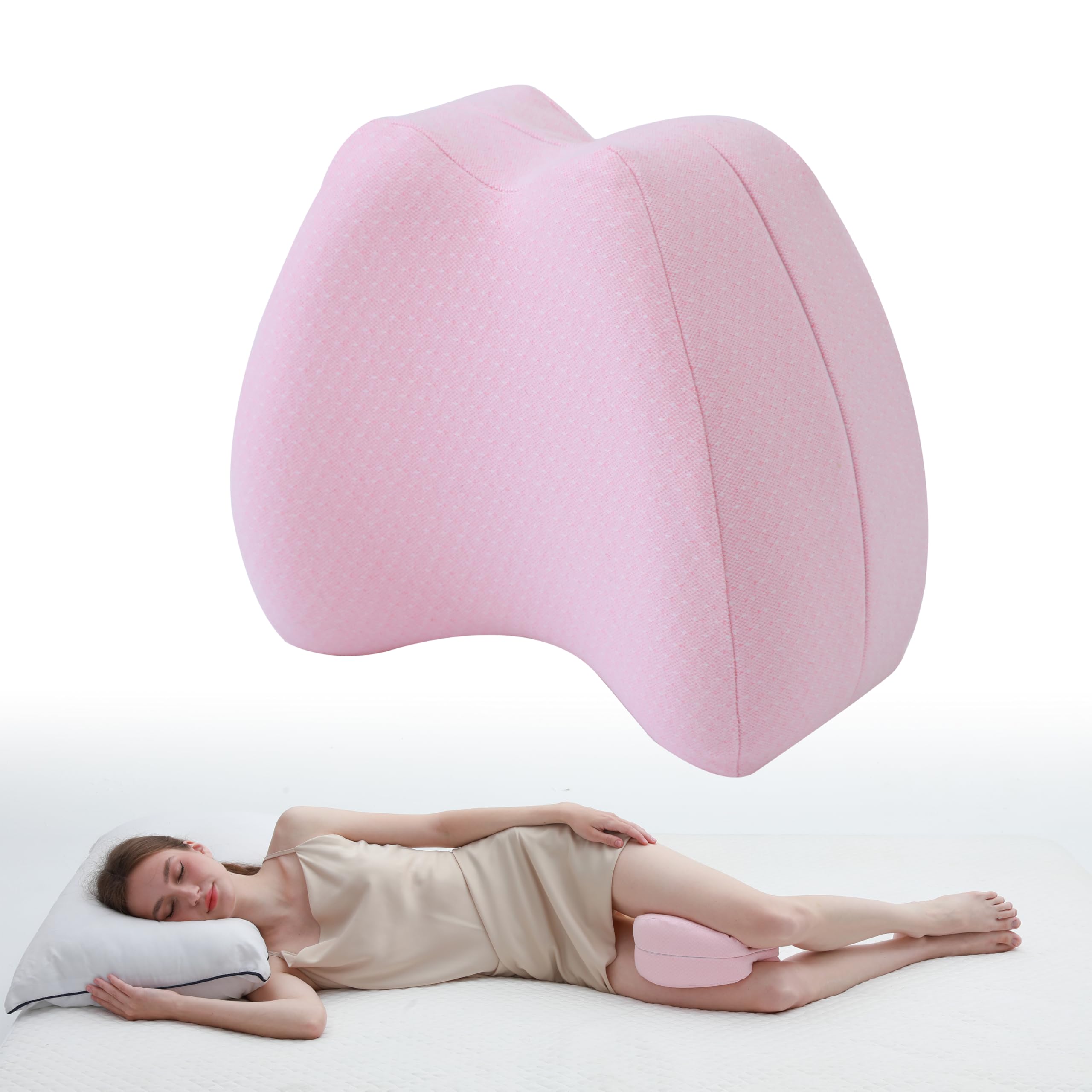 WORKKOOL Memory Foam Leg Pillow for Side Sleepers - Knee Support Pillow for Spine Alignment, Relieves Hip & Back Pain, Washable Cover, Multi-Use (Pink) 12x22x10cm