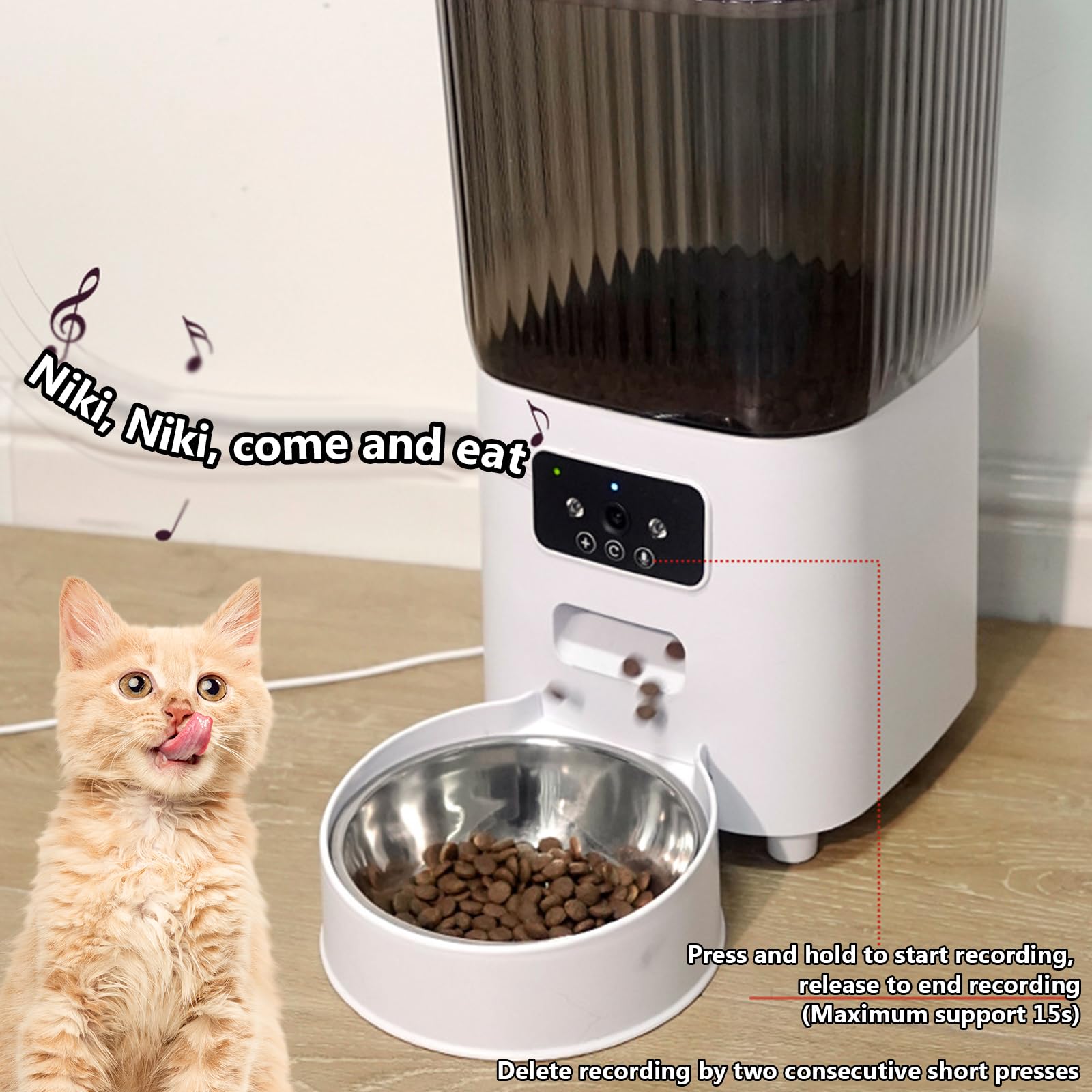 Distributore Automatico Cibo Gatti con App, 2.4G WiFi Dispenser Crocchette Gatto Fino A 5 Pasti/9 Porzioni al Giorno, Ciotole per Gatti in Acciaio Inox, 5L Dispenser Cibo Gatti,Dual
