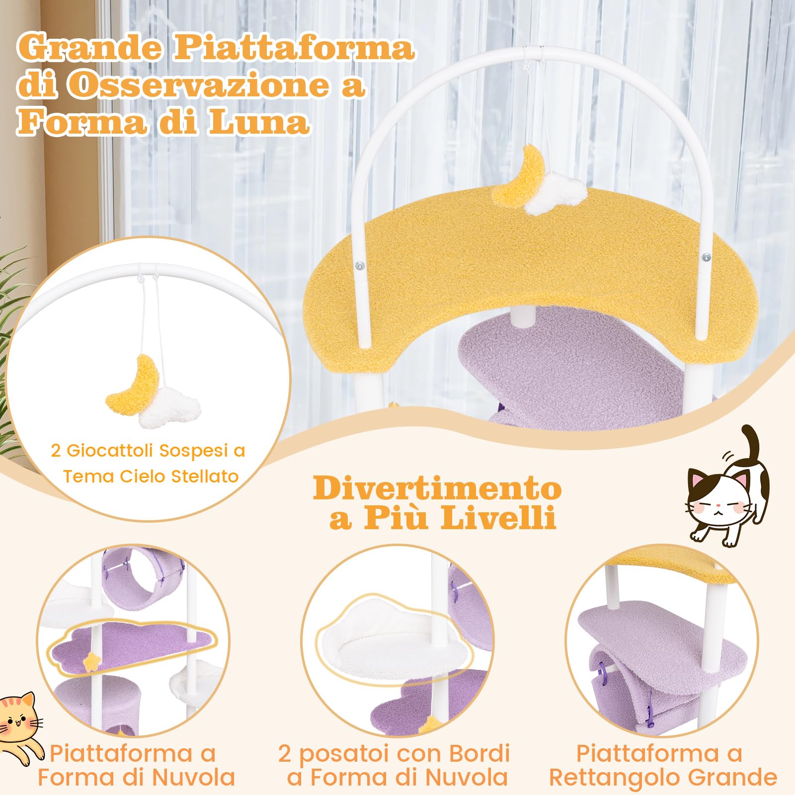 COSTWAY Tiragraffi per Gatti 158cm, Albero per Gatti con Multi Livelli, Struttura in Metallo, Trespolo Superiore e Piattaforme per Salti, Torre per Animali Interno, Viola, Bianco e Giallo