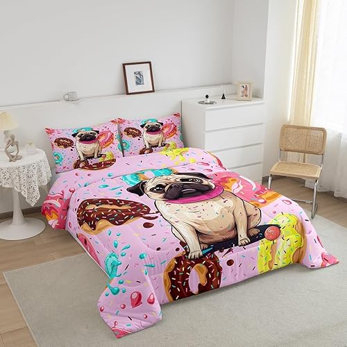 Miniatura 3 de Lindo juego de edredón de cachorro, cachorro kawaii, relleno de edredón multicolor con donas para niños y niñas, juego de ropa de cama con temática