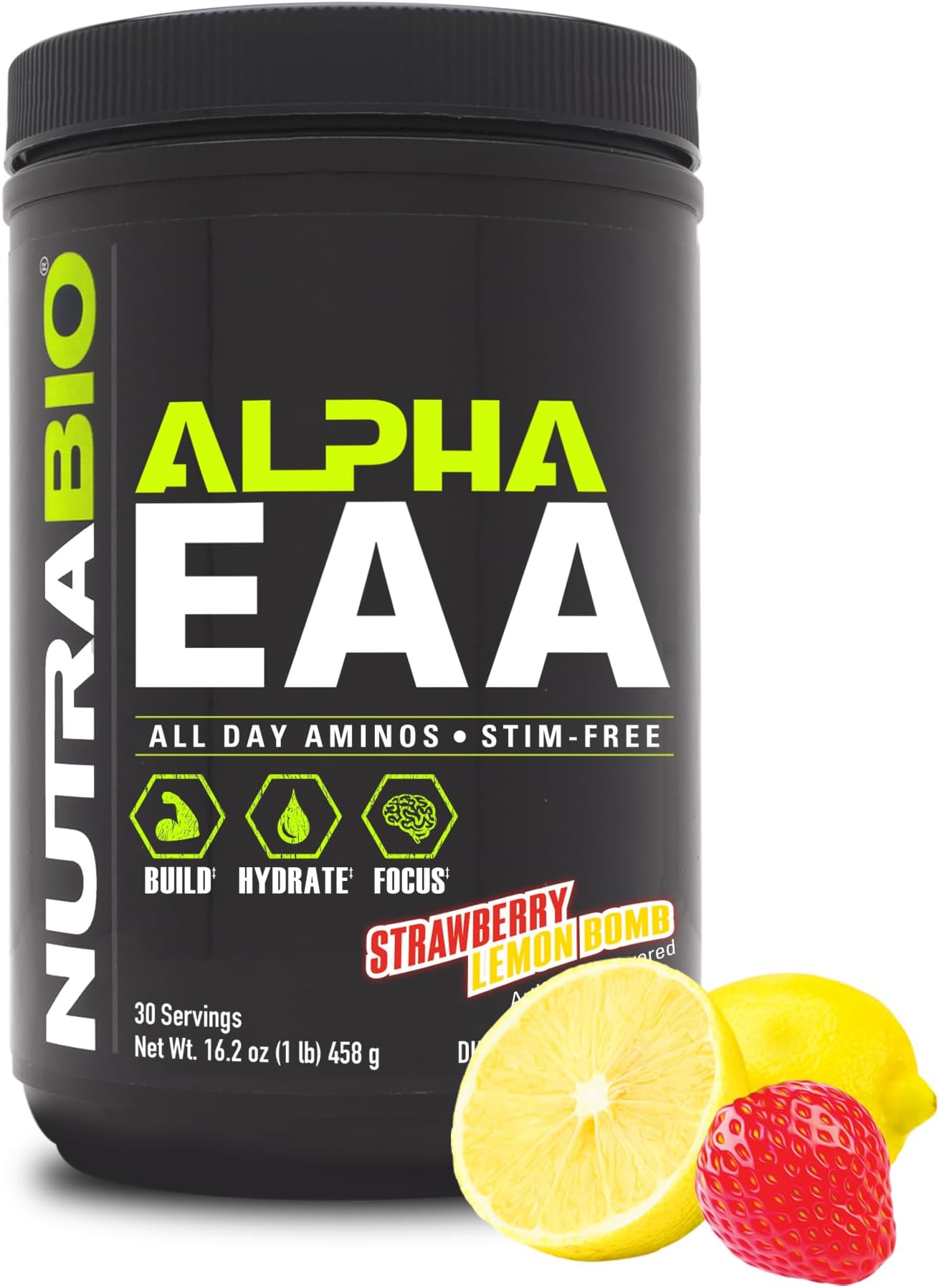 Alpha EAA - All-Day Amino Acids for Muscle Growth and Hydration - Essential Amino Acids with Nootropics & Adaptogens- Full Spectrum EAA BCAA Powder - 30 Servings - Strawberry Lemon