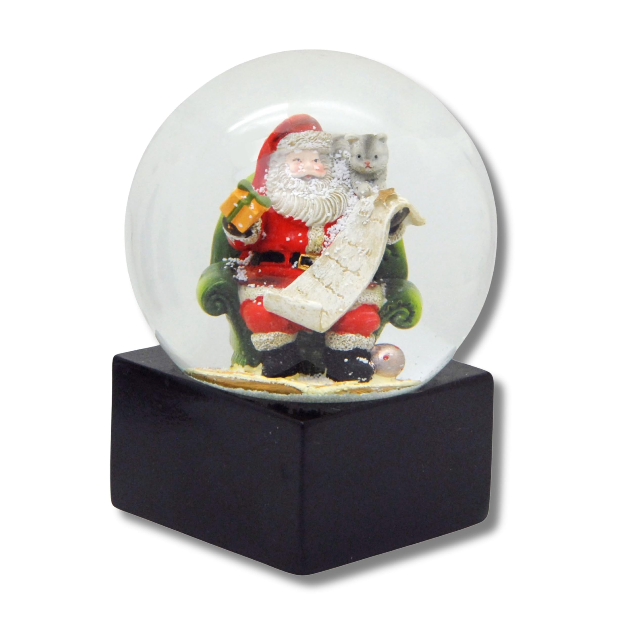 Bola de nieve de Navidad | Papá Noel con lista de regalos | sobre base negra | altura: 120 mm ancho: 100 mm | | espíritu navideño en la bola de agitación | 20225