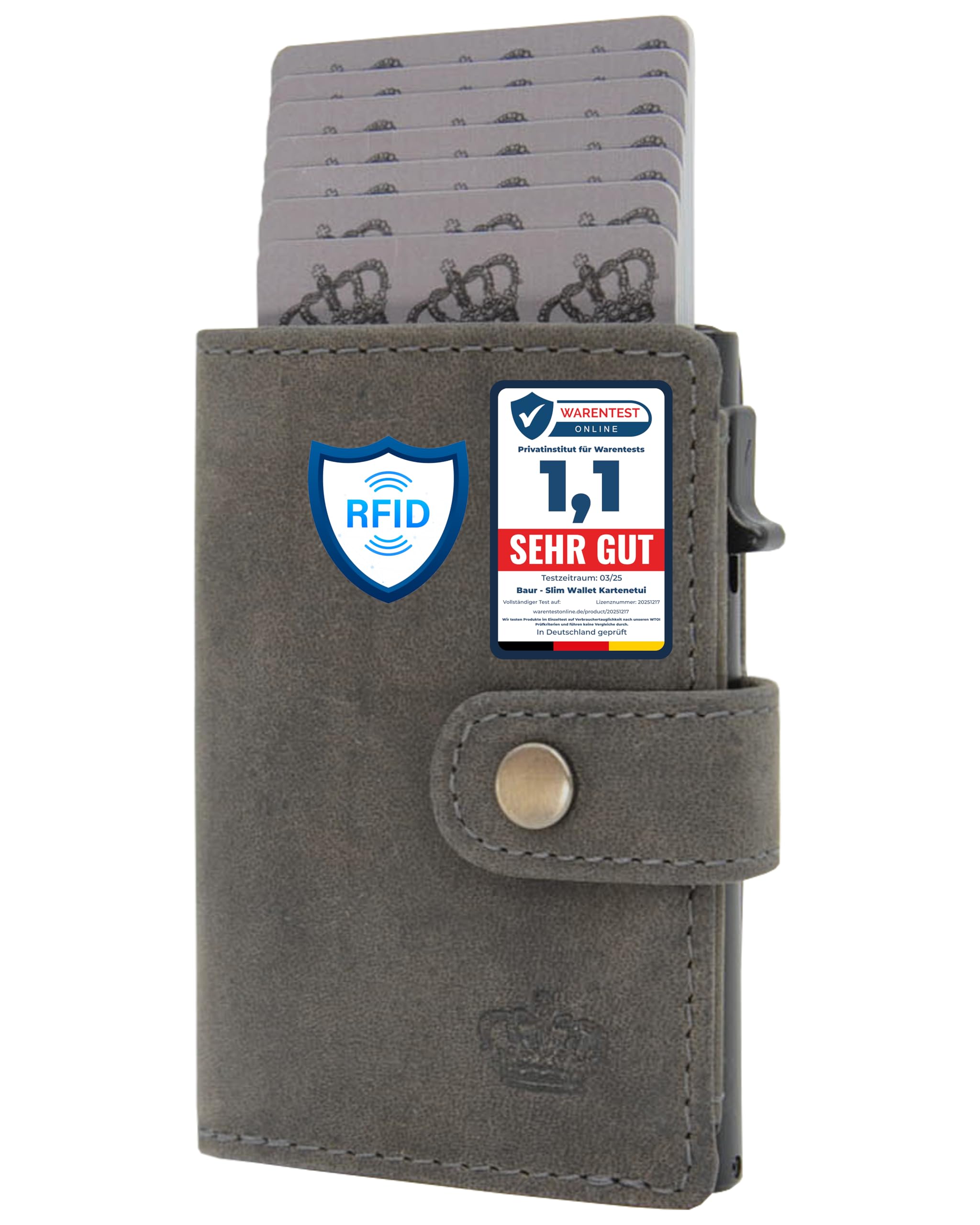 BAUR Slim Wallet met muntvak, echt lederen creditcardhouder voor heren, aluminium pop-up case met RFID-bescherming, smart wallet, kleine portemonnee, buffelleer bruin, 10x7,5x2,5 cm