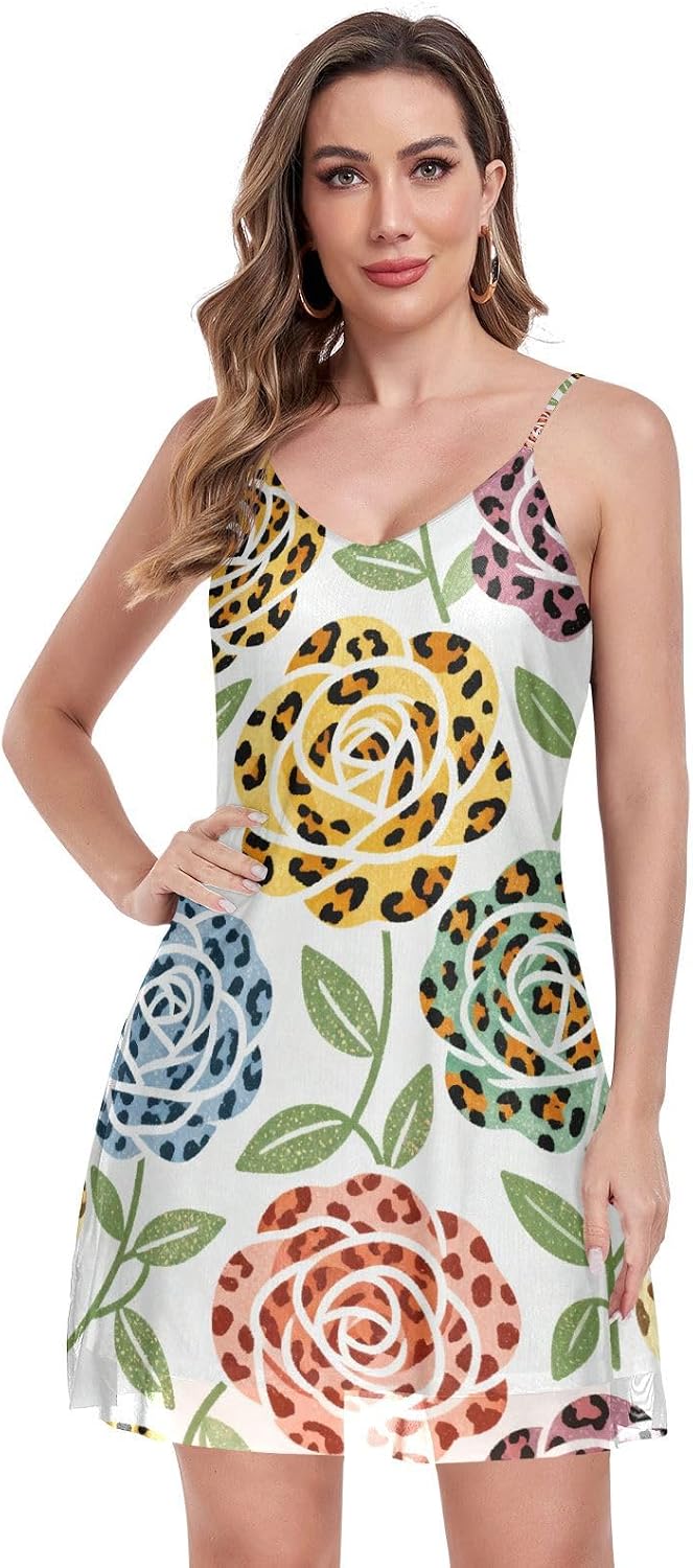 Mini Dress Summer Knee Length Sleeveless Adjustable Spaghettis Strap Backless V Neck Mesh Colorful Leopard
