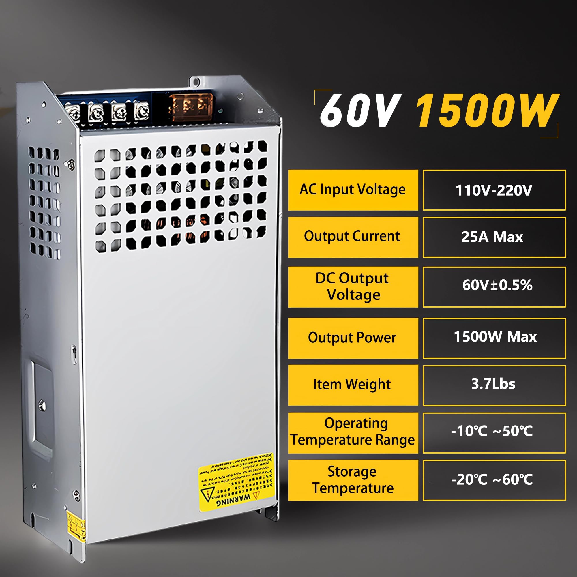 Convertisseur AC vers DC 110 V vers 60 V 25 A 1500 W, AC 110 V 220 V à DC 60 V alimentation régulée universelle à commutation régulée SMPS Adaptateur AC vers DC pour LED, CCTV, camping-car (DC60 V-25