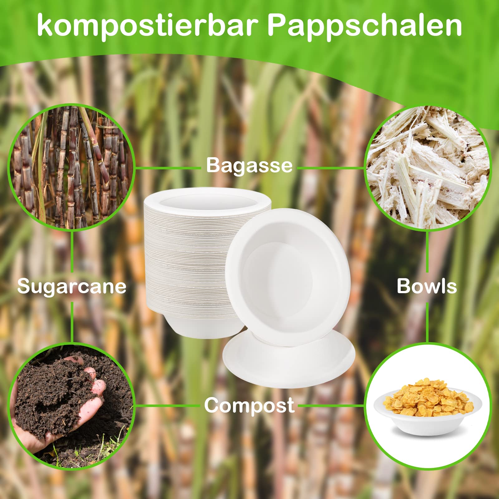 greensight 200 Stück Pappschalen Einweg Suppenschalen 470ML Zuckerrohr Einweggeschirr Suppenteller Einwegsuppenschale Schälchen Bio Party Rund Weiß Kompostierbare Einwegteller tief