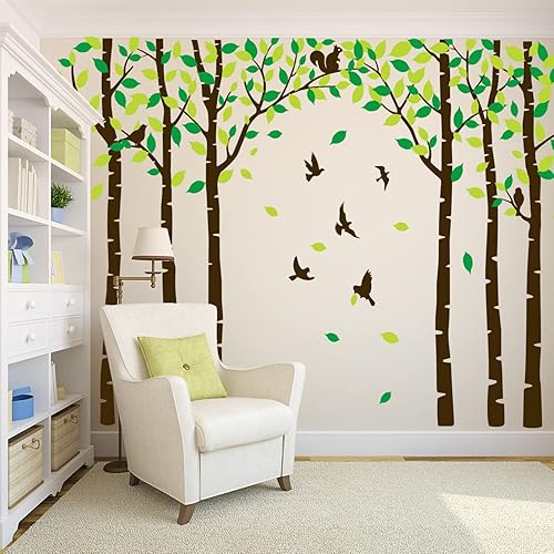 Miniatura 2 de Calcomanías de pared de seis abedules, pájaros, lindos bosques, ardillas, para habitación de los niños, guardería, dormitorio, sala de estar, aula