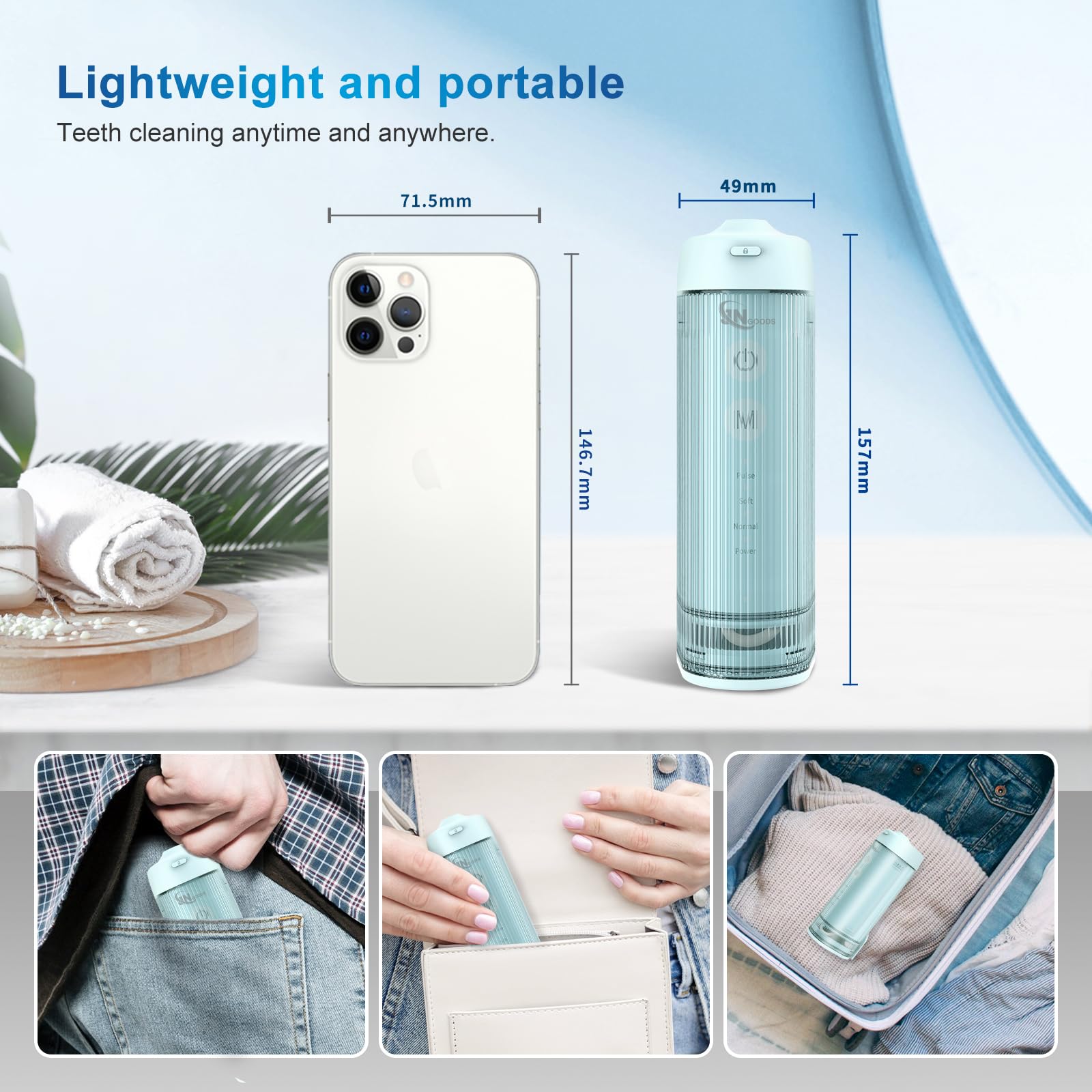 JNGOODS Mini idropulsore portatile per irrigazione orale, per la pulizia dei denti, serbatoio dell'acqua telescopico, 4 modalità e impermeabilità IPX7, per la casa e i viaggi, per la cura dei denti