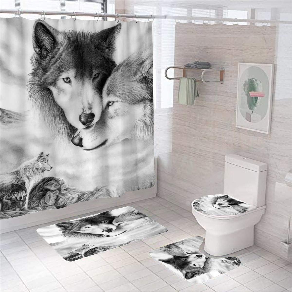 Wolves Bathroom Sets with Rugs,4 Pcs Wolf in The Forest