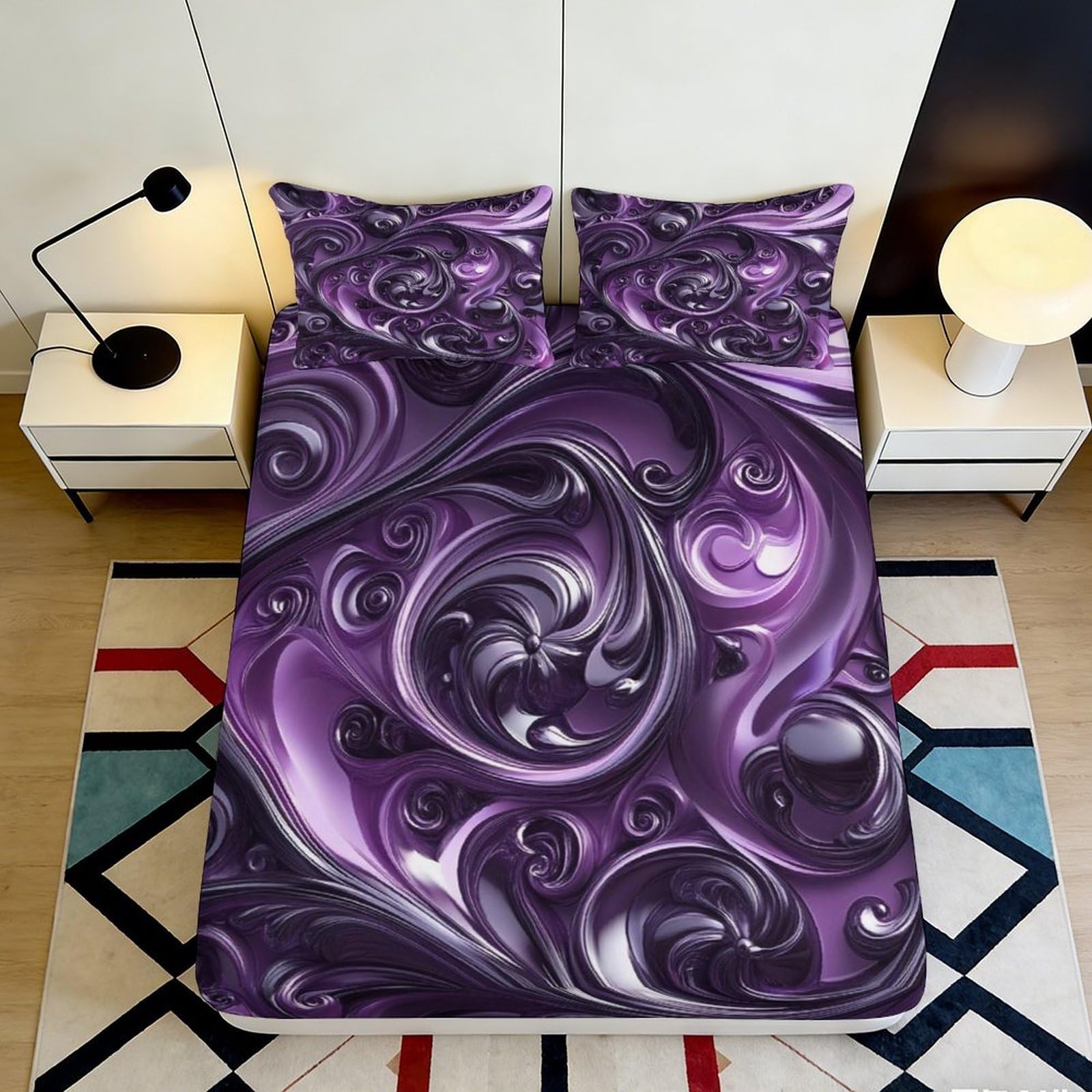 3D Printed Purple Swirl Fitted Sheet Microfiber Soft Mattress Cover Abstract Art Bed Sheet for Bedroom Dorm 120x200x25cm
