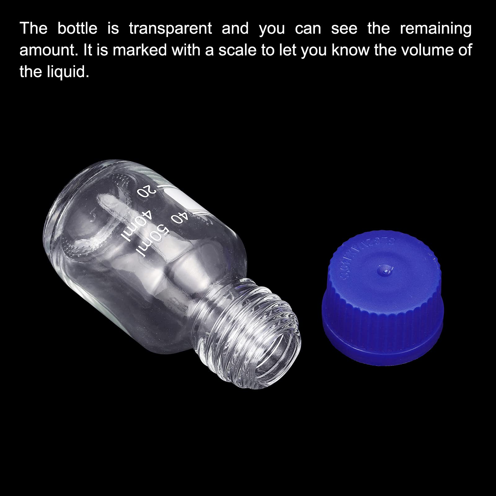 PATIKIL 50mL Reagenzmittelflasche, 4Pcs runde abgestufte Glasspeicherflasche blaue Schraube für Labor Haus, klar