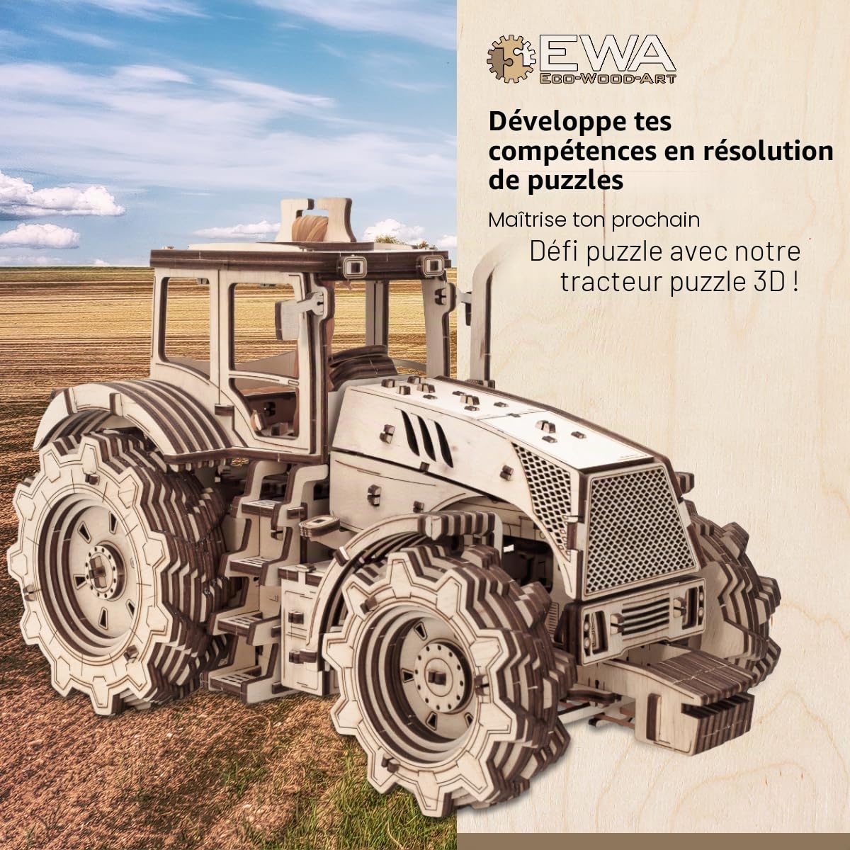 EWA Eco-Wood-Art - Tracteur avec mécanisme de Changement de Vitesse - Puzzle 3D mécanique en Bois - Puzzle pour Adultes et Adolescents - Assemblage sans Colle - 358 pièces