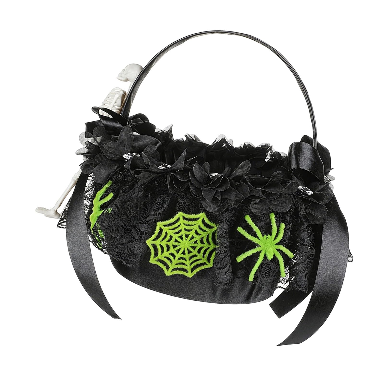 Halloween Party Treat Bucket Single Handle Candy Tote with Lace Trim, Compact Reusable-Holder for Seasonal Events-Halloween Tote Lace Trim Reusable-Treat Holder Candy Pouch Seasonal Event Compact Hand