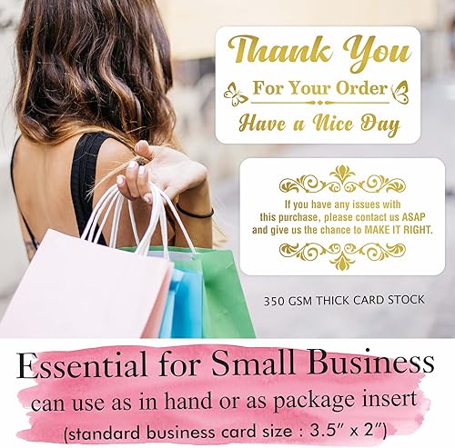 Miniatura 3 de PARTH IMPEX Tarjetas de agradecimiento por tu pedido (paquete de 100) 3.5 x 2 pulgadas, insertos de compra de lámina dorada que apoyan mi pequeña