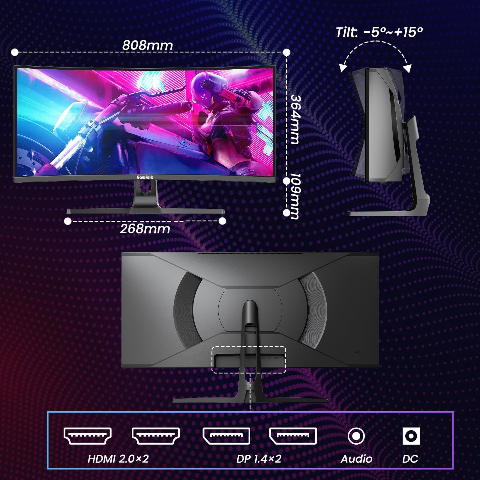 Gawfolk Monitor Gaming Curvo 34'' 240hz, UWQHD 3440x1440, 1500R， Adaptive Sync, HDMI2.0 & DP1.4