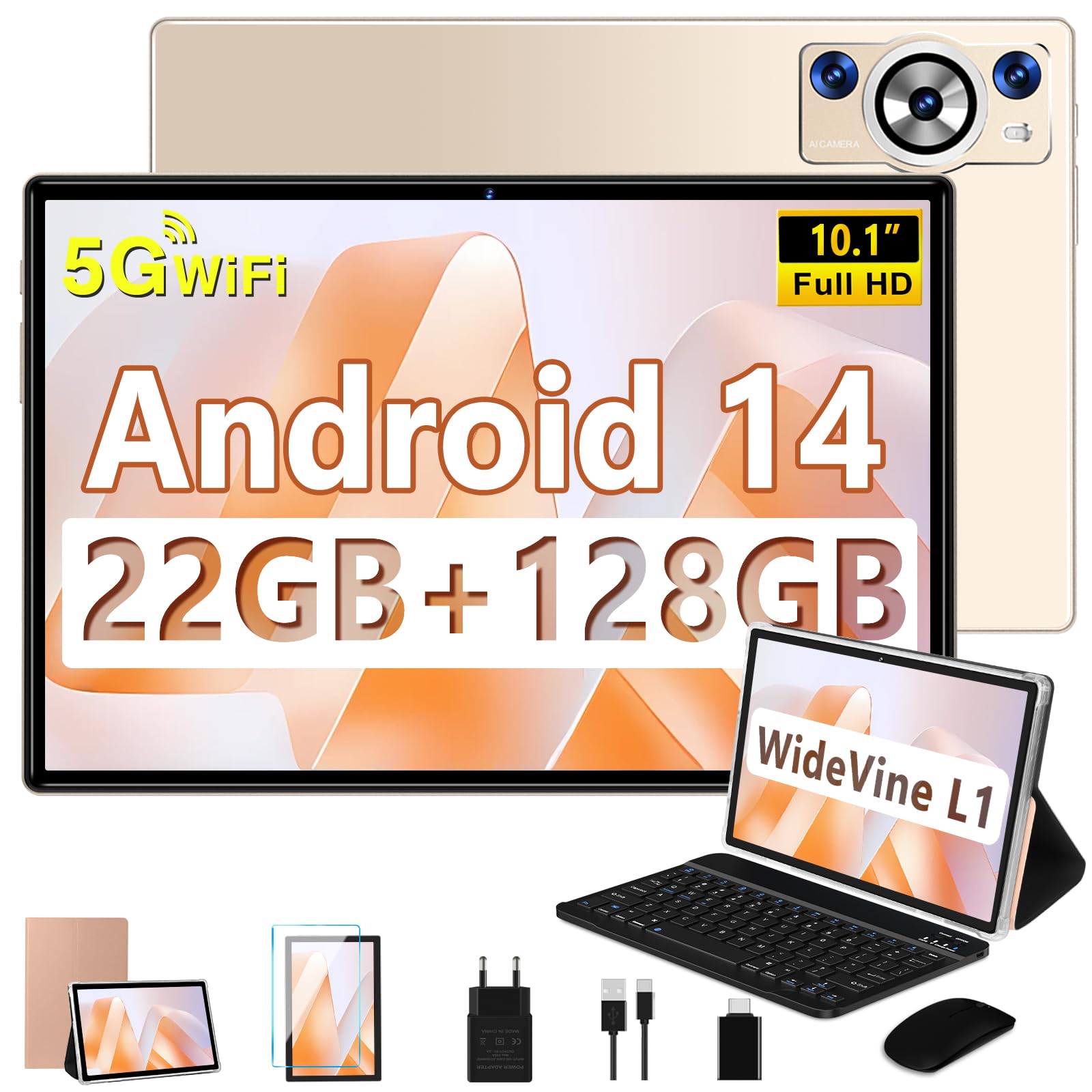DEERTiME 2025 Newest Tablet Android 14 10.1 Pollici 22GB RAM+128GB ROM(TF 1TB), 8-Core 2.0 GHz/5G WiFi/8000mAh/Corpo Metallico/BT5.0/5+8MP/Face ID/FHD/GPS Tablet con Tastiera e Mouse - Oro
