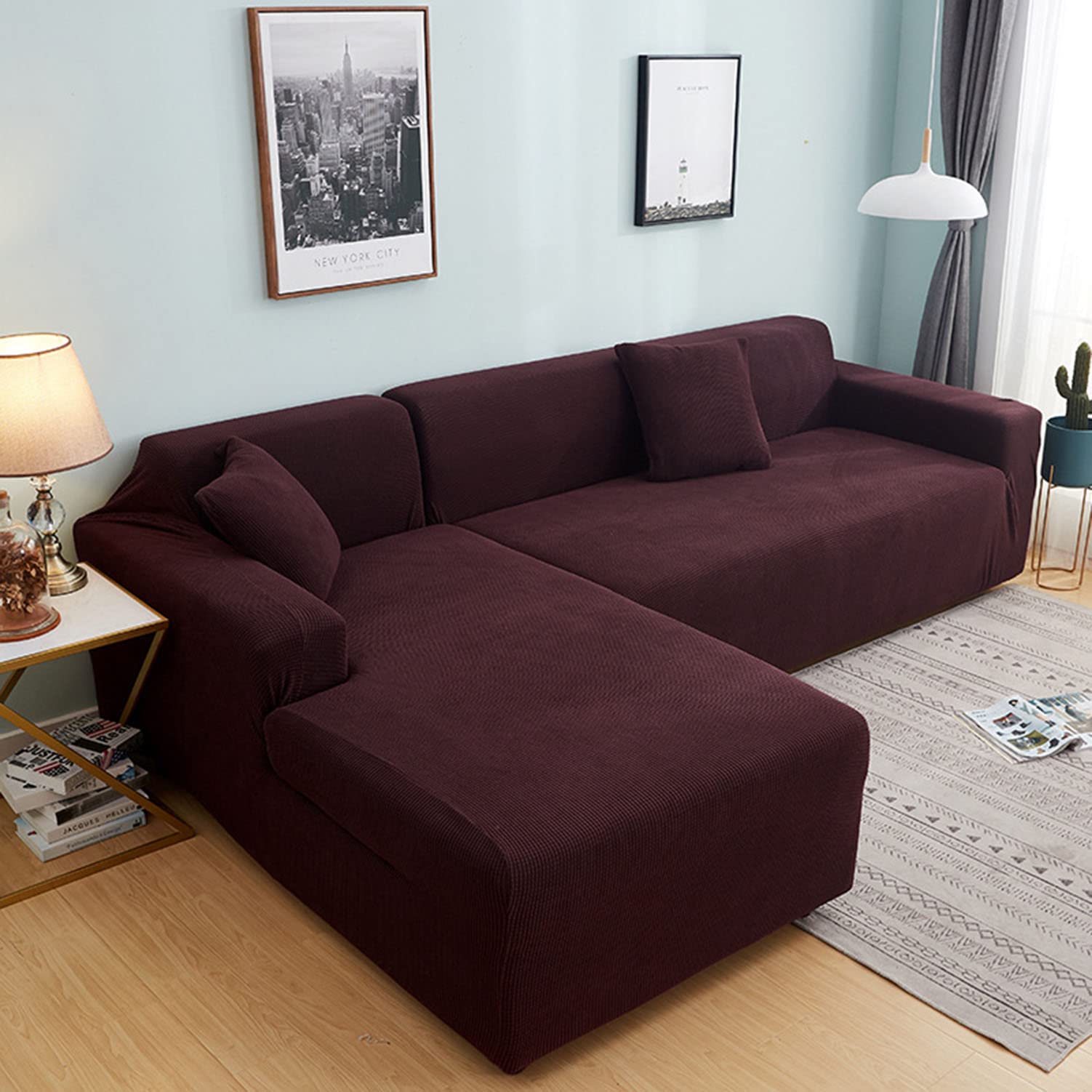 Funda de sofa elastica de 3+3 plazas color cafe, protector antideslizante lavable para salon 1
