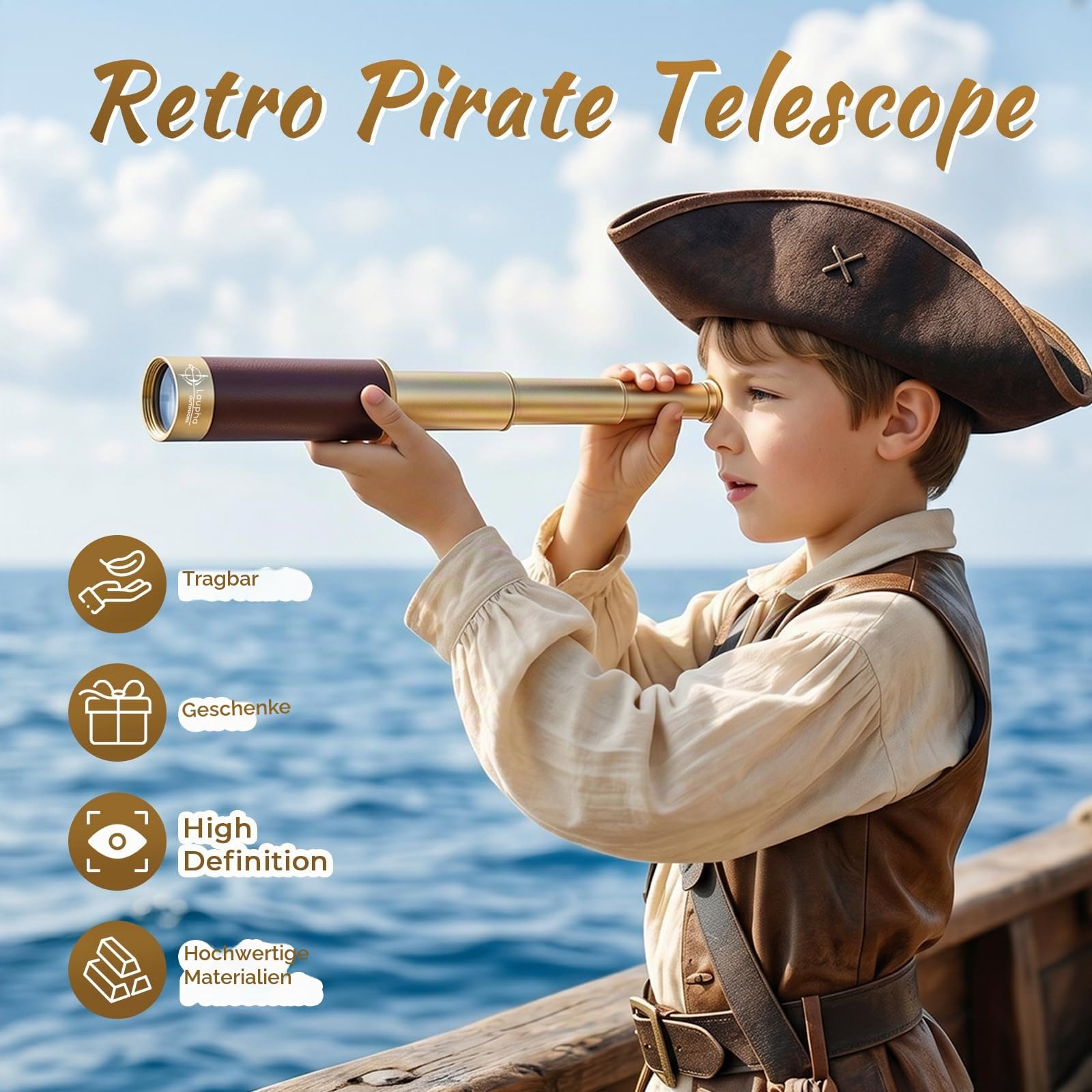 Retro Pirat Teleskop Monokular 25x30 Zoomable Vintage Kapitän Jack Spyglass BAK-4 Linse Fernrohr Kinder Faltbar Tragbar Pocket Monokular für Outdoor Camping