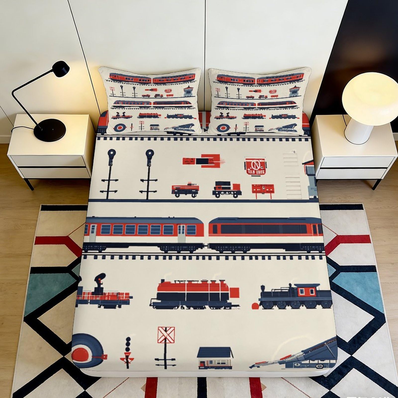 3D Printed Train Railway Fitted Sheet Microfiber Non Slip Locomotive Bed Cover for Bedroom Dorm Mattress Decor 116 90x200x25cm