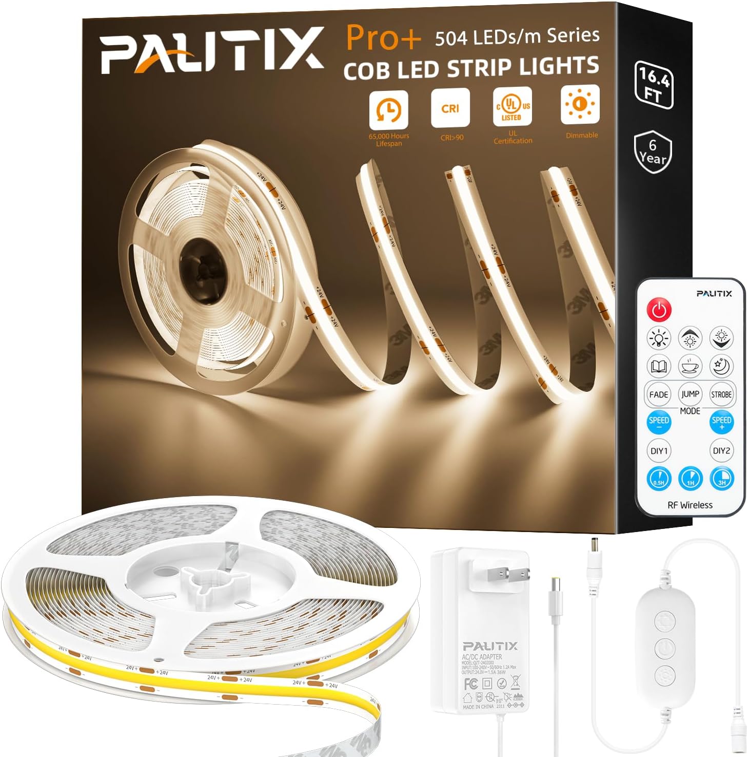 COB LED Strip Light 2520LEDs,Super Bright High Lumen 4000K Natural White 16.4ft,Dimmable 24V LED Tape Light with 3M Tape,RF Remote with Timer Function,36W Adapter,for Bedroom,Home,Kitchen DIY