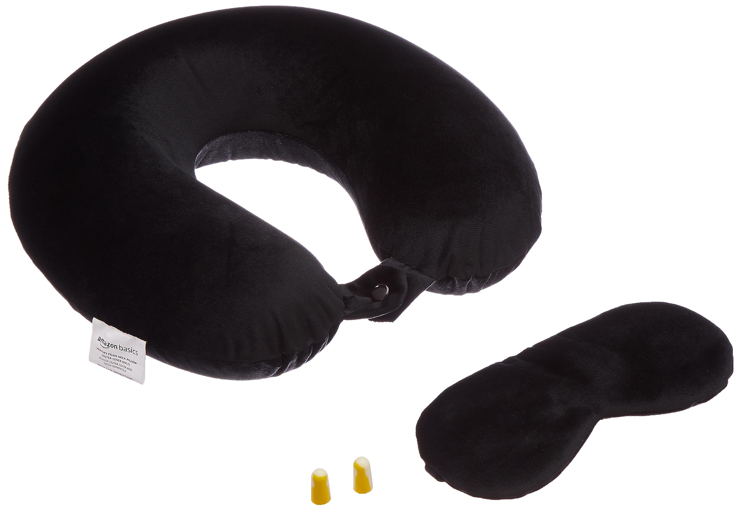 amazon basics Memory Foam Travel Neck Pillow with Eye Mask & Ear Plugs Combo|Ultra Soft Velvet Fabric|Ergonomically Designed for Ultimate Comfort for Air, Car, Train, Bus Travel- Black, Standard Size