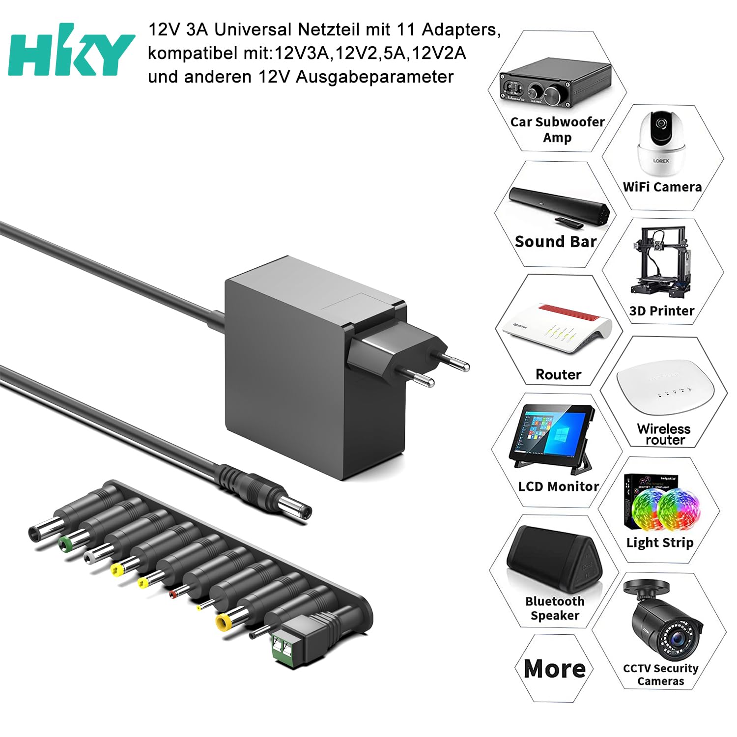 HKY 36W 12V 3A (2A 1A) Alimentatore Universale AC DC Adattatorer Trasformatore con 10 Spine DC per Elettronica 12V come LED Strip Light CCTV Camera Router LCD Monitor, 3000mA Max Tablet Alimentazione
