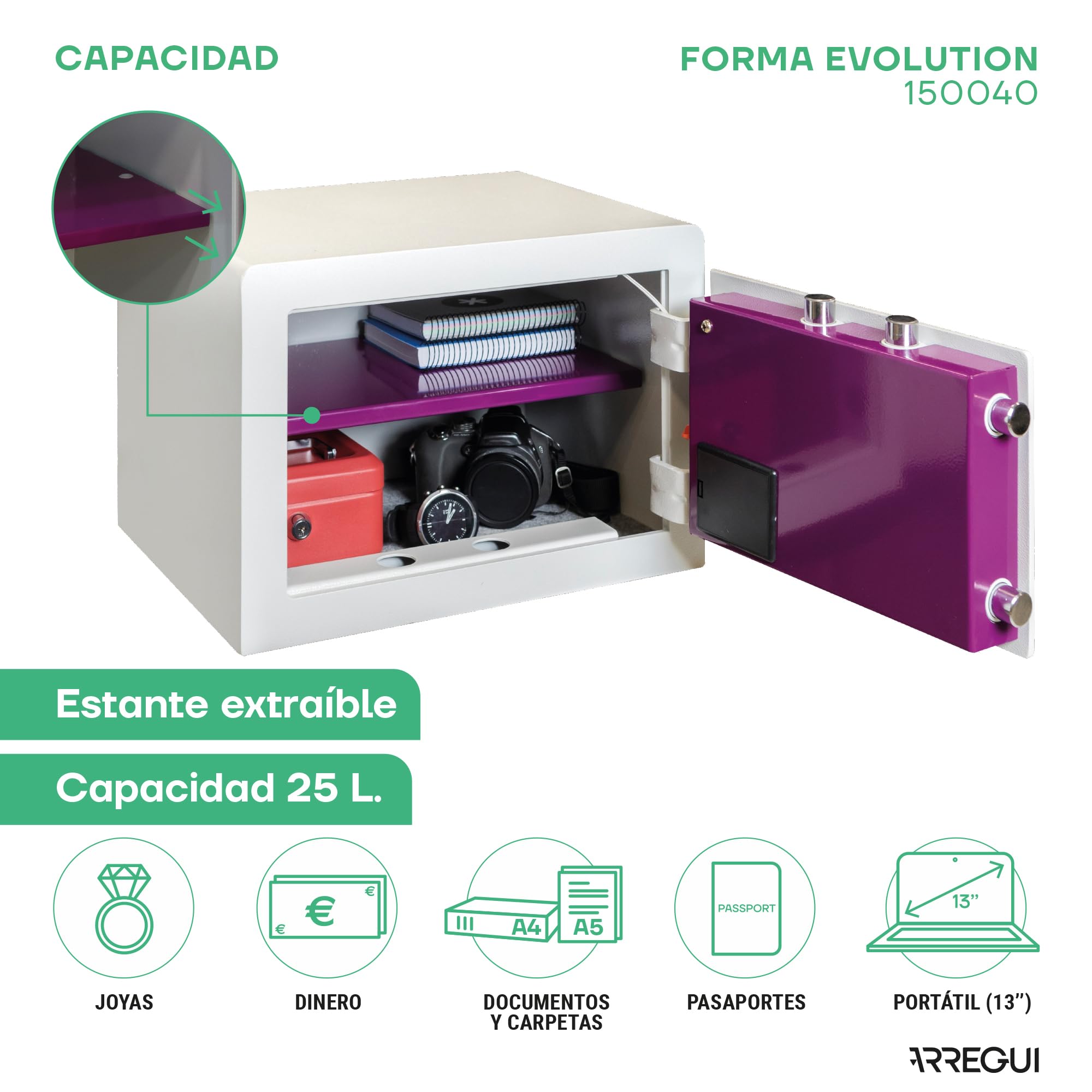 ARREGUI Forma Evolution 150040 Caja fuerte con llave y codigo, facil de usar | Caja de seguridad, apertura con teclado y llave | Caja fuerte electronica para casa, doble seguridad | 27x38,5x30cm | 25L