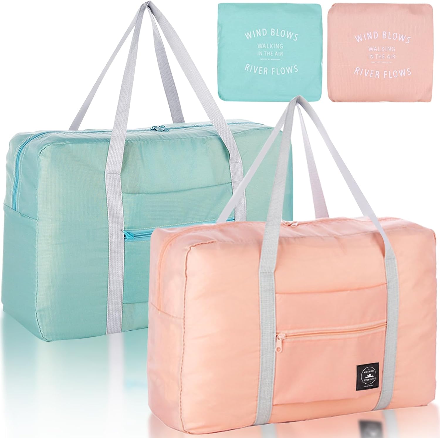 Foldable Travel Duffel Bag 2PCS Tote Carry on Luggage Bag Spirit Airlines Personal item Sports Gym Bag Water Resistant Weekender Overnight Bags for Women and Men (Green+Pink)