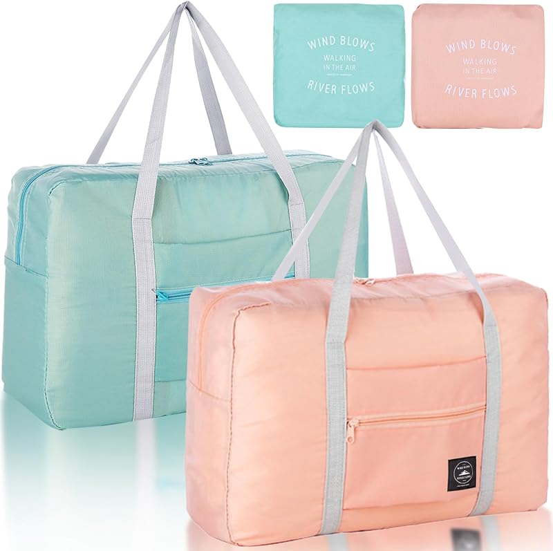 Foldable Travel Duffel Bag 2PCS Tote Carry on Luggage Bag Spirit Airlines Personal item Sports Gym Bag Water Resistant Weekender Overnight Bags for Women and Men (Green+Pink)