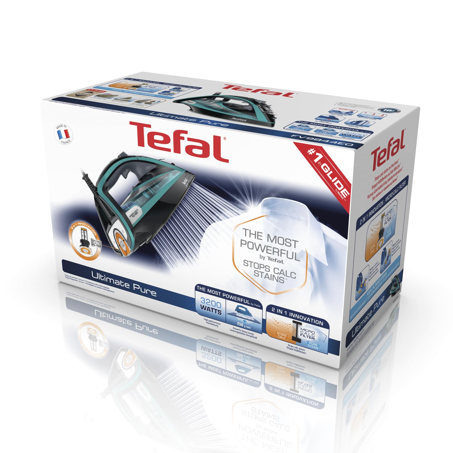 Tefal Dampfbügeleisen Ultimate Pure 3200 W 1,2 kg Micro-Calc-Filter Durilium Airglide Autoclean-Bügelsohle FV9844 schwarz/türkis