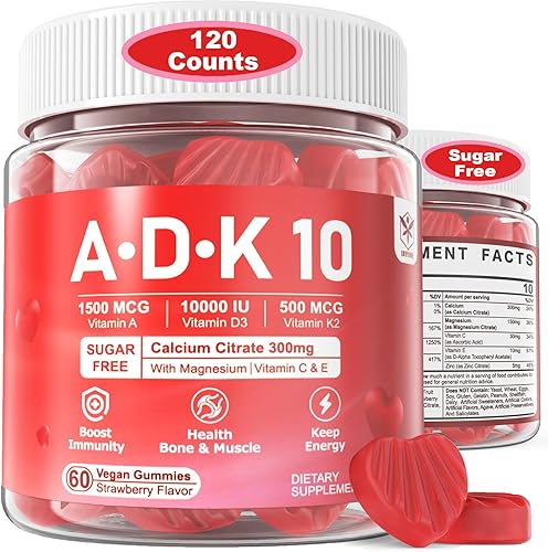 Vitamina ADK 10 gomitas sin azúcar, con vitamina A, D3 10000IU, K2 MK-7, 300 mg de citrato de calcio, magnesio, vitamina C y E, fortalecen extra