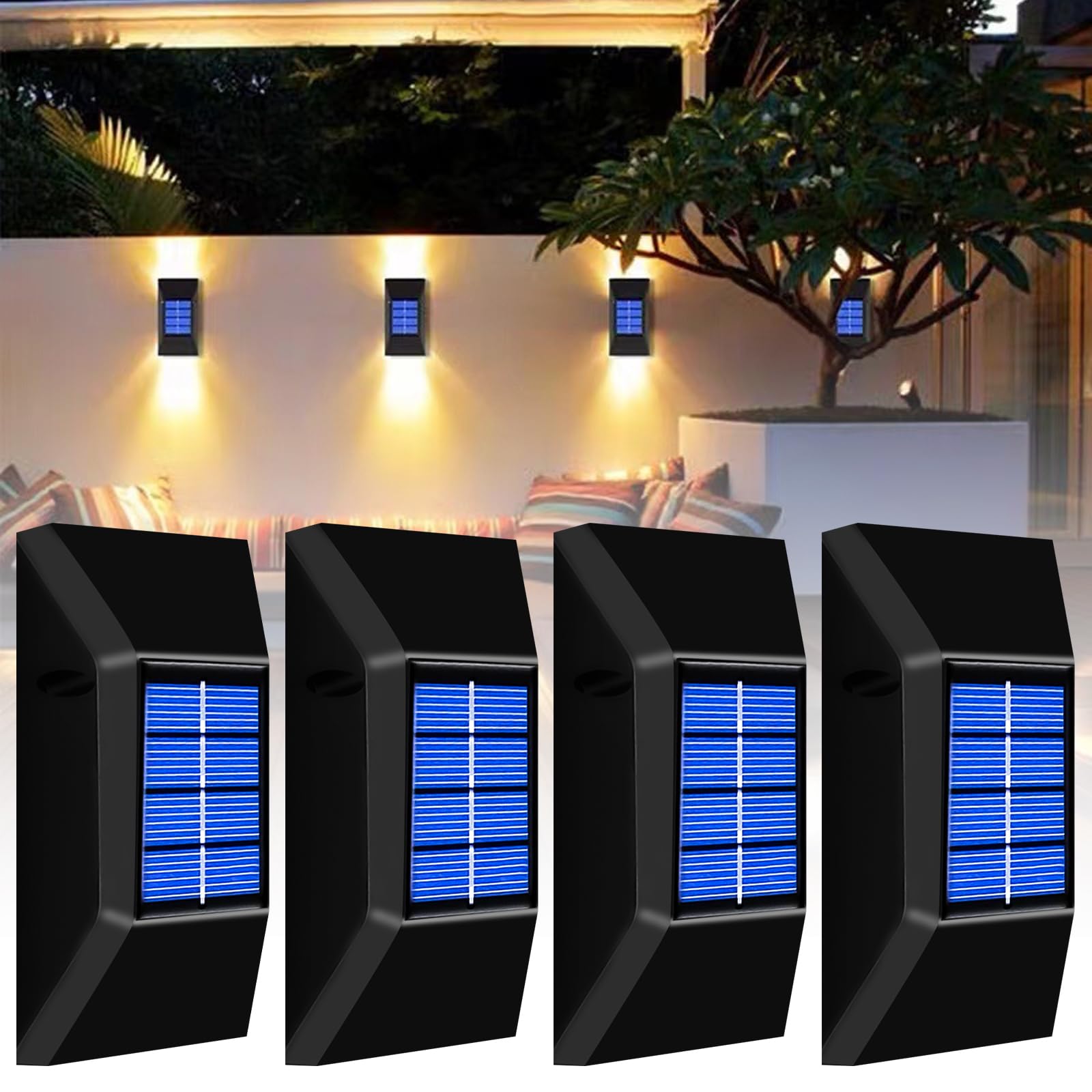 BYZESTY Solar Wall Light Outdoor, Pack of 4 Solar Lights for Outdoors, Up and Down Lights, IP65 Waterproof Solar Wall Lights, LED Wall Lighting, Wireless Solar Lights for Outdoor Garden Balcony Patio
