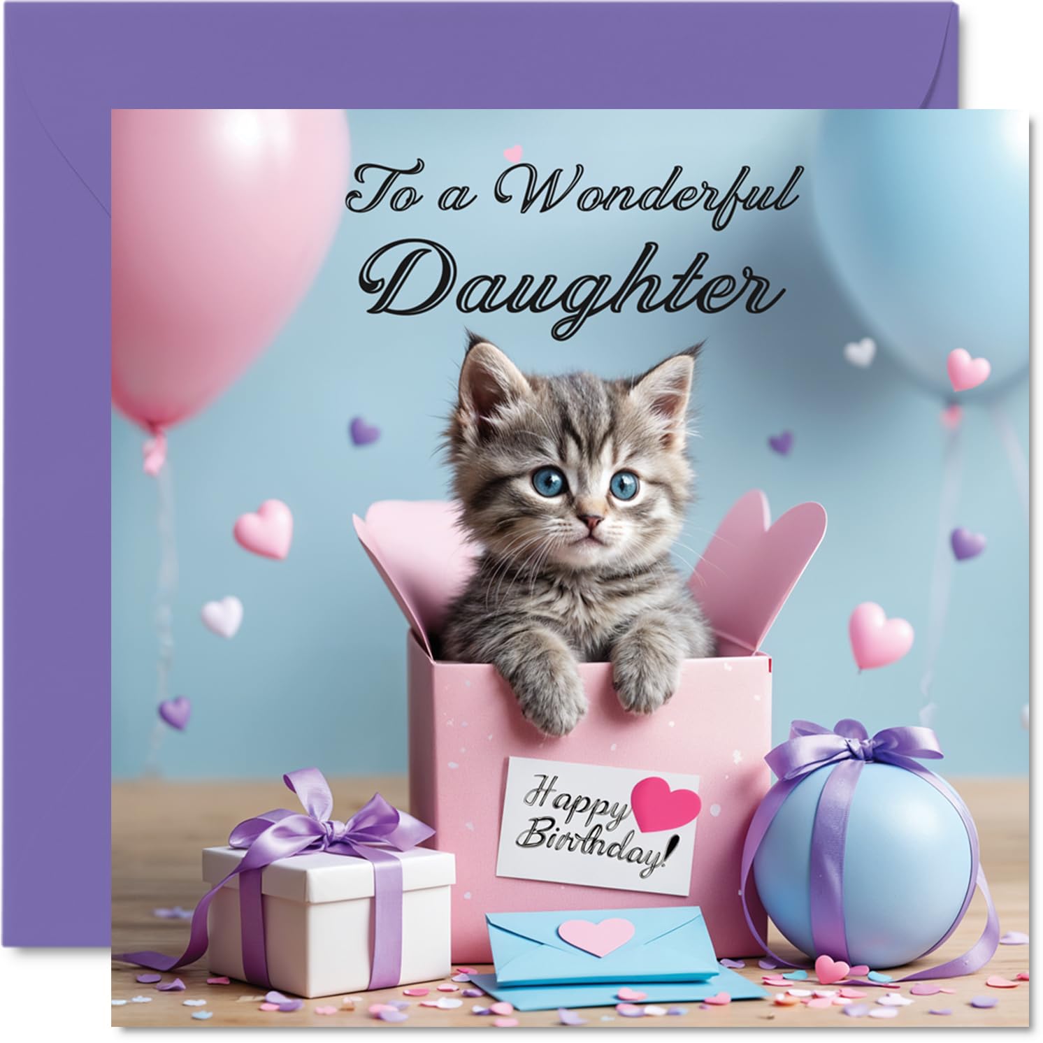 Daughter Birthday Card - Cat Present - Happy Birthday Card for Daughter from Dad Mum, 145mm Cat Present Bday Greeting Cards