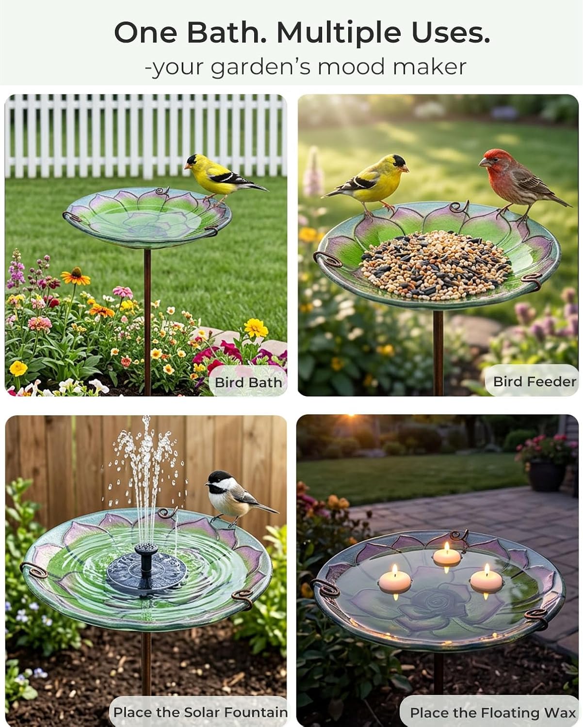 10.5" D Glass Bird Bath with Stake – Shallow Bird Bath for Outside Garden Backyard – Decorative Birdbath & Feeder for Patio Lawn – Hand-Painted Glass Water Dish, Green