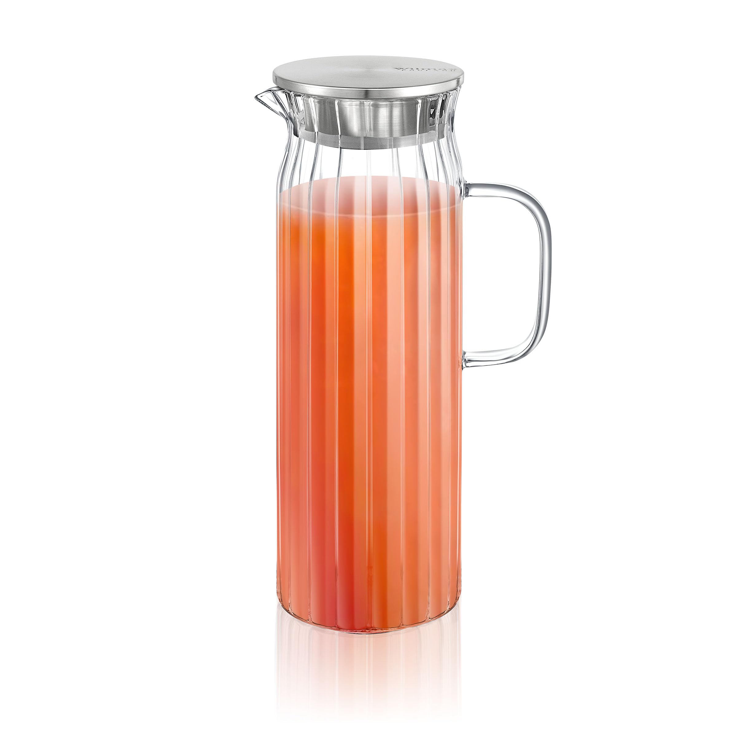 Wilmax | Glaskaraffe 1,5L mit 6 Wassergläser 300ml im Set | Deckel aus Edelstahl | Wasserkaraffe aus geriffeltem Glas | Wasserkrug für Saft, Wasser, Eistee, Milch | Glaskaraffe | Wasserkanne