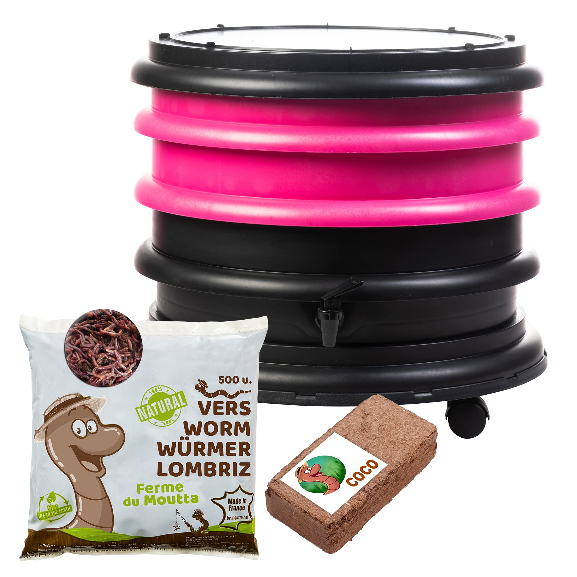 WORMbox | Wormery Worm Farm composter 2 Fuchsia Trays + 250gr of Compost Worms / 500 ctn + 1 Coco | 32 liters | Organic Waste Compost, make your Worm Castings