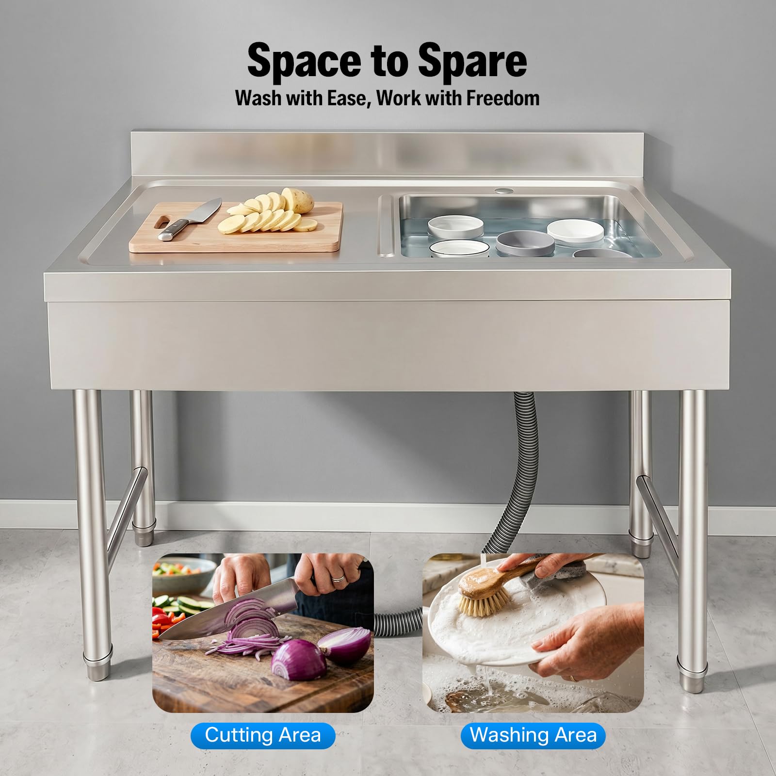 Lavello in Acciaio Inox Acciaio Inox Lavello da Cucina 100x50x80cm Lavello Da Cucina Indipendente Capacità di Carico di 150kg Lavandino da Esterno Regolazione Dell'altezza da 1-3 cm