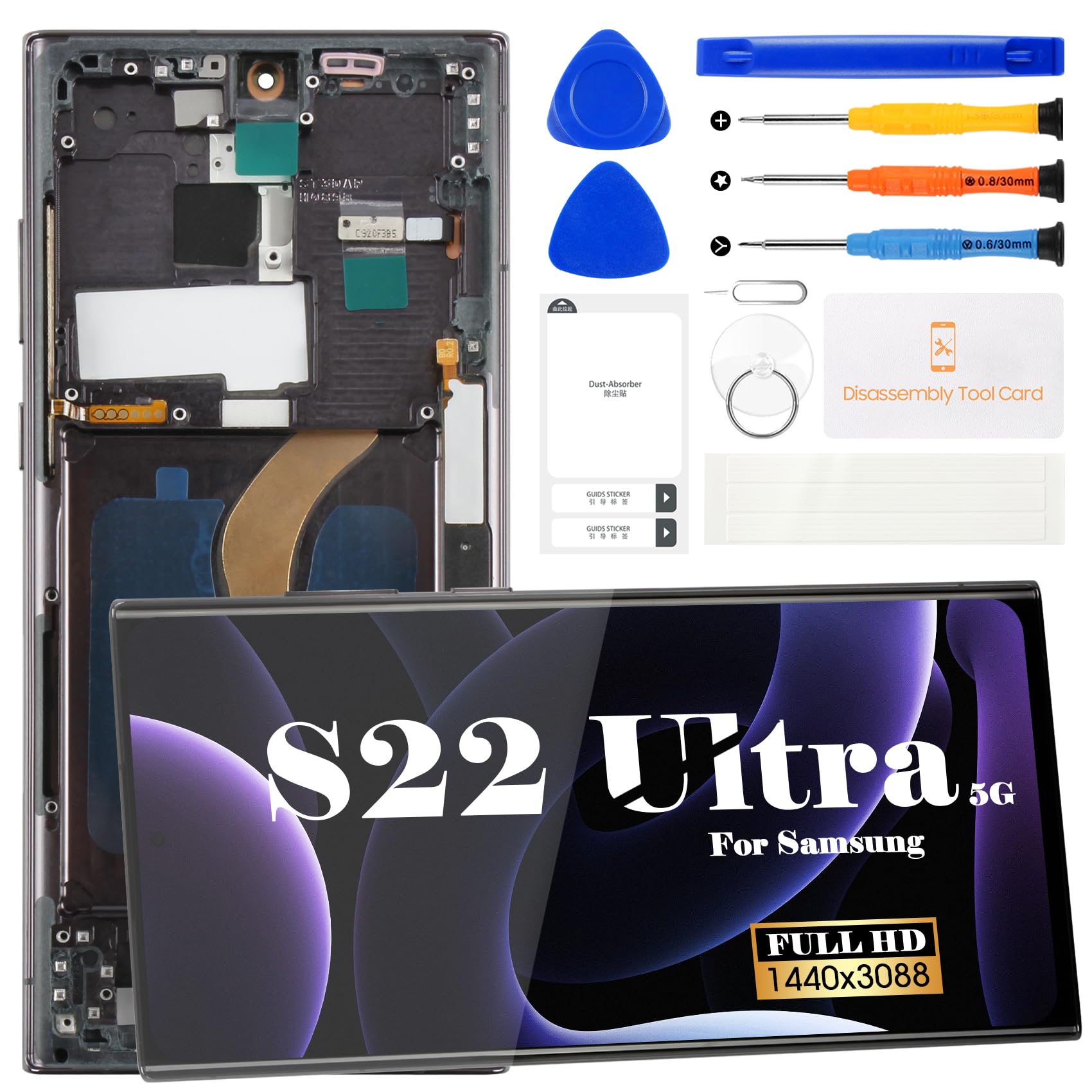 OLED For S22 Ultra 5G Screen Replacement for Samsung Galaxy S22 Ultra 5G LCD for Samsung S22 Ultra 5G Display SM-S908 SM-S908B Digitizer Touch Screen Assembly Repair Kits with Frame (With Fingerprint)