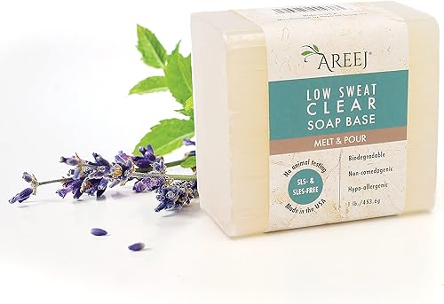 Areej Base de jabón transparente de bajo sudor, estilo derretimiento y vertido, hipoalergénico, sin OMG, sin SLS, glicerina 100% natural, hecho a
